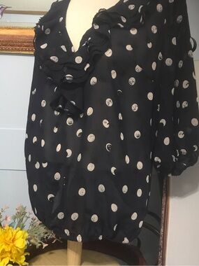 Lane Bryant Dark Blue Polka Dot Ruffle V-Neck Blouse